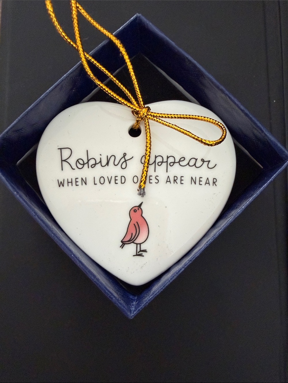 White Heart-Shaped Robins Appear Ornament with box